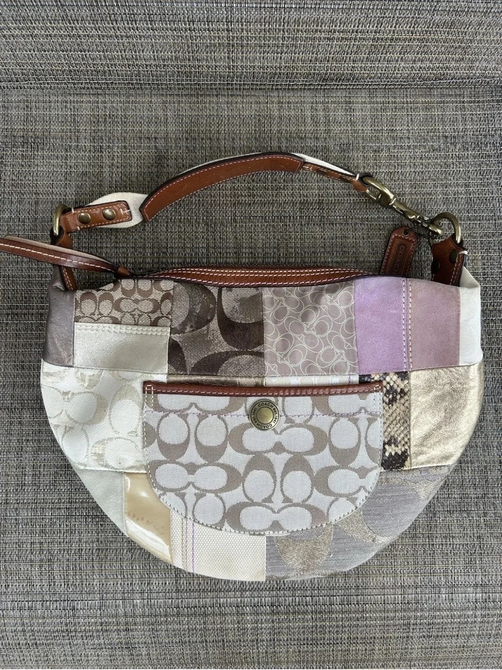 Rare Vintage Coach Y2K Patchwork Leather Trim Hobo Bag 10019 Brown Gold Pink